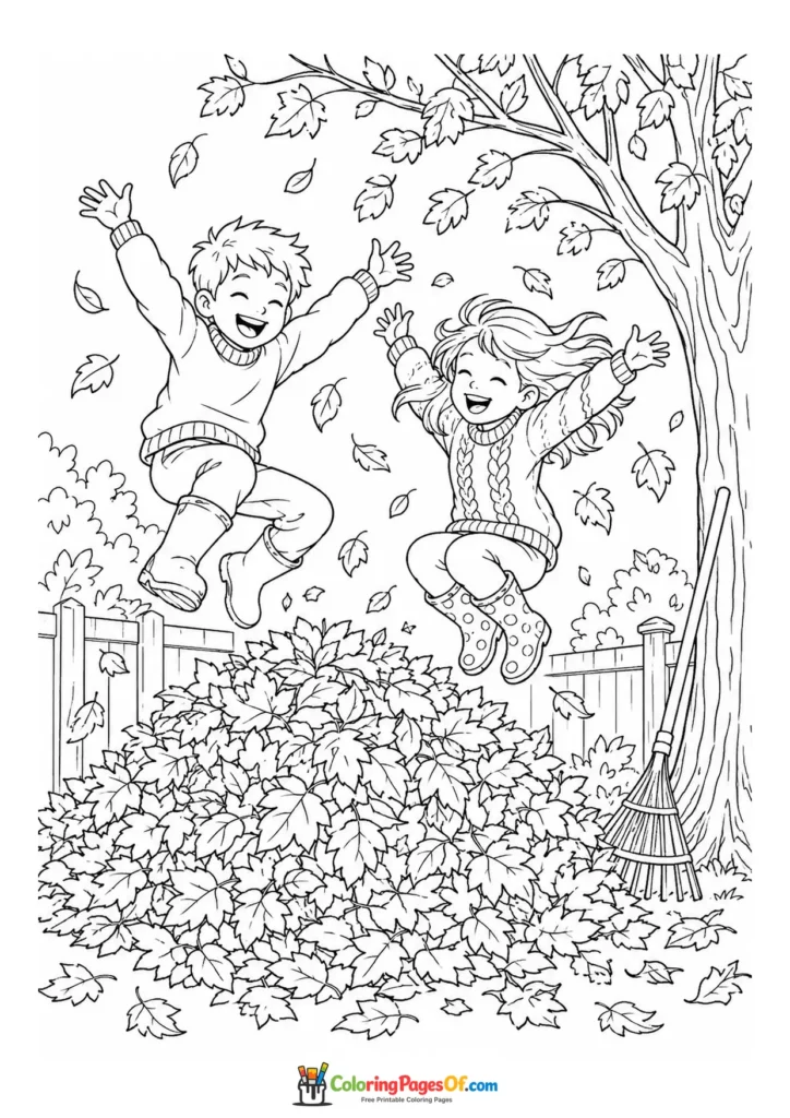 Fall coloring page featuring children jumping into a leaf pile