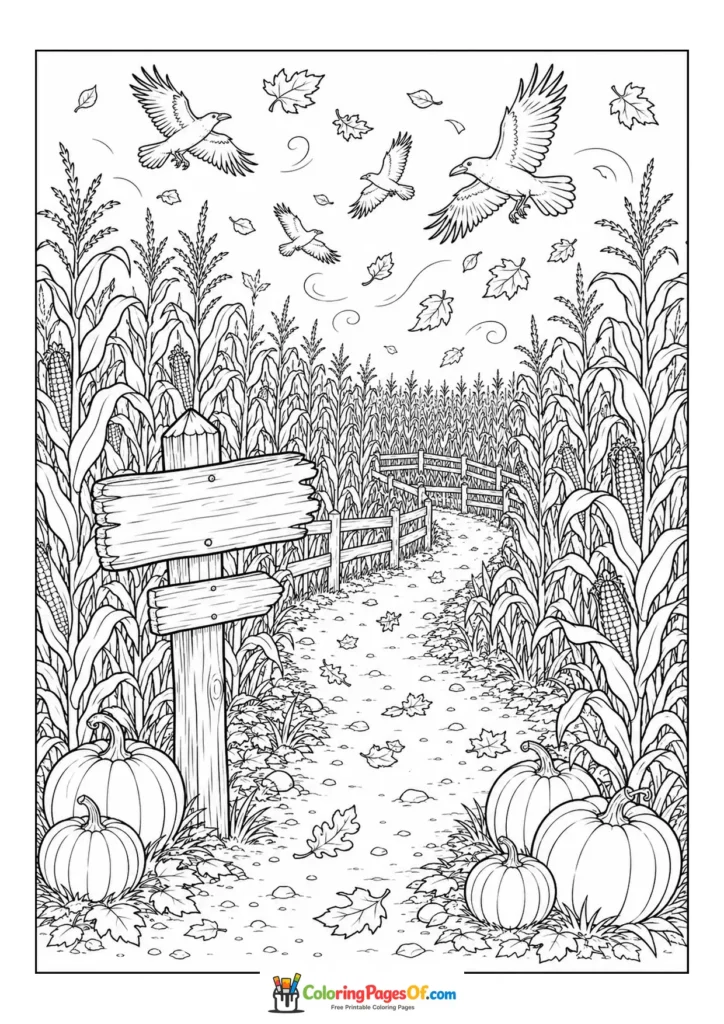 Fall coloring page featuring autumn cornfield