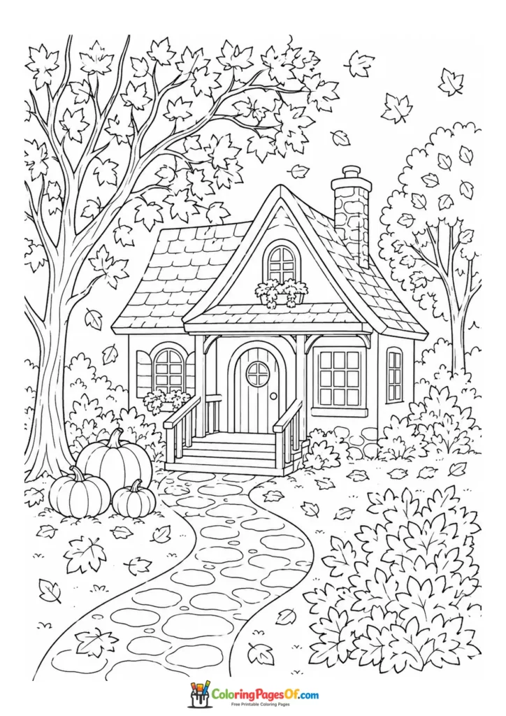 Fall coloring page featuring cottage with a stone path