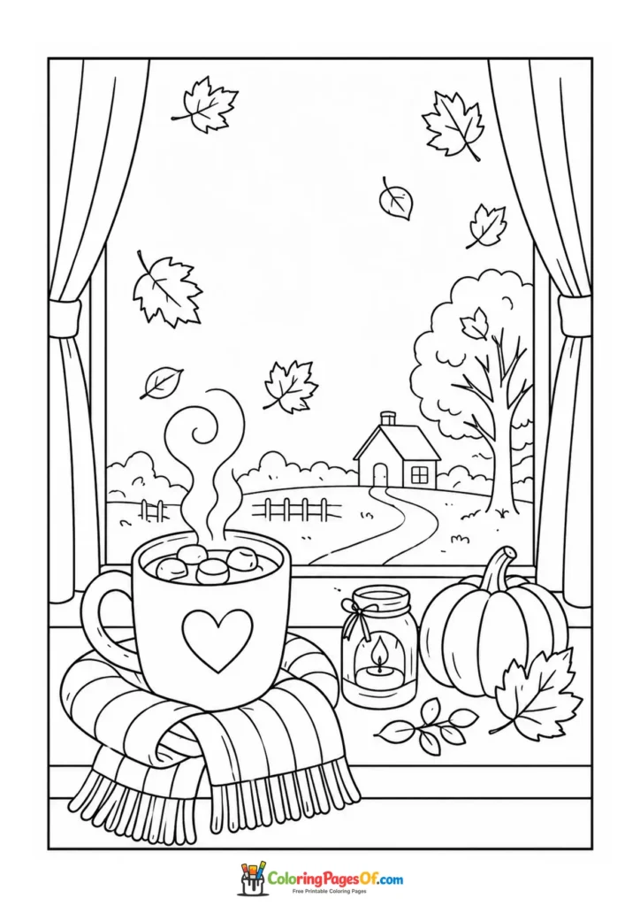 Fall coloring page featuring cozy autumn window and hot drink