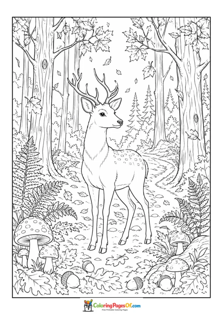 Fall coloring page featuring deer in an autumn forest