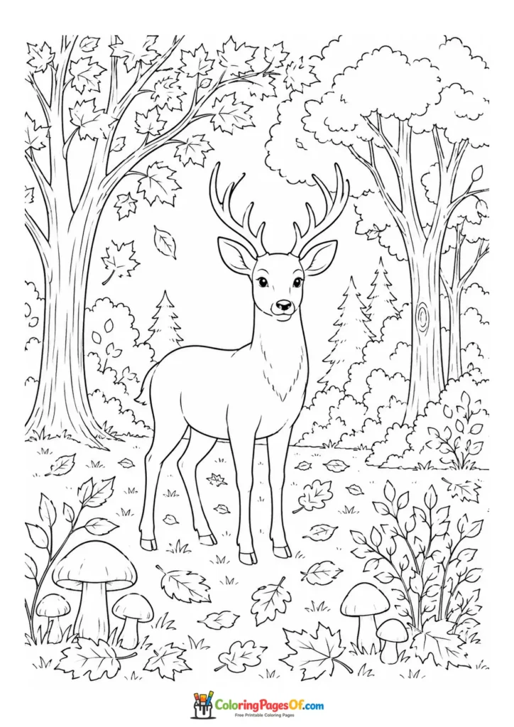 Fall coloring page featuring deer in autumn woodland