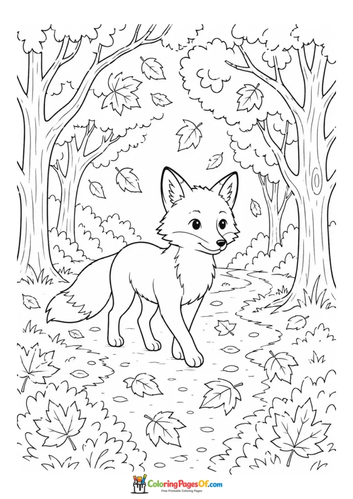 Fall coloring page featuring fox on a woodland path