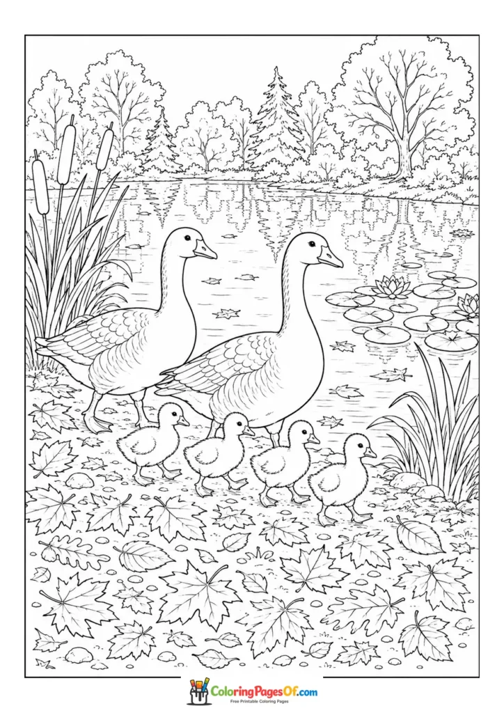 Fall coloring page featuring goose family at a pond