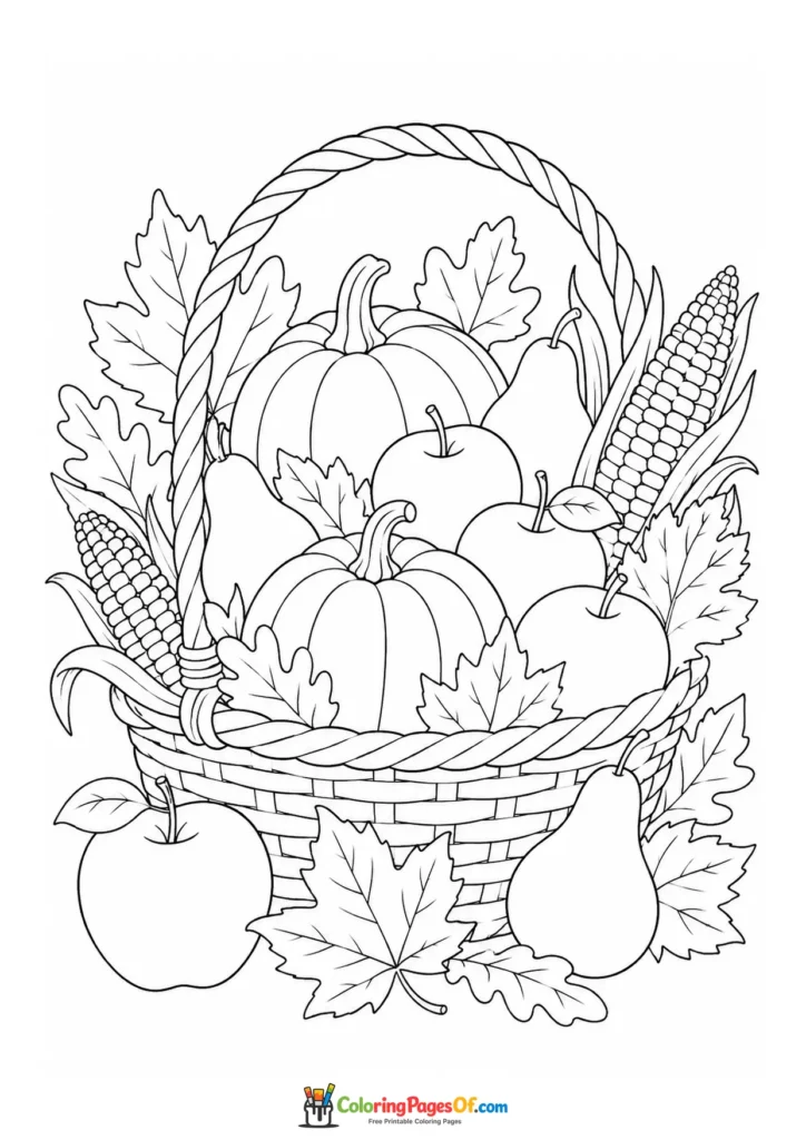 Fall coloring page featuring autumn harvest basket