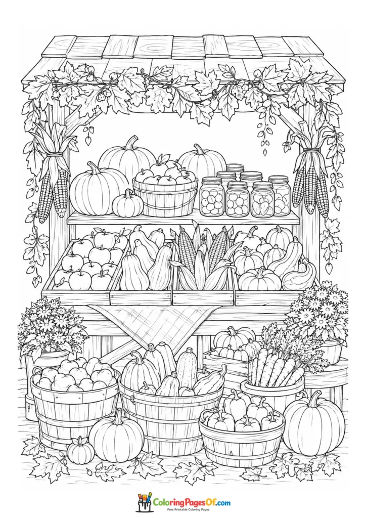 Fall coloring page featuring autumn harvest market