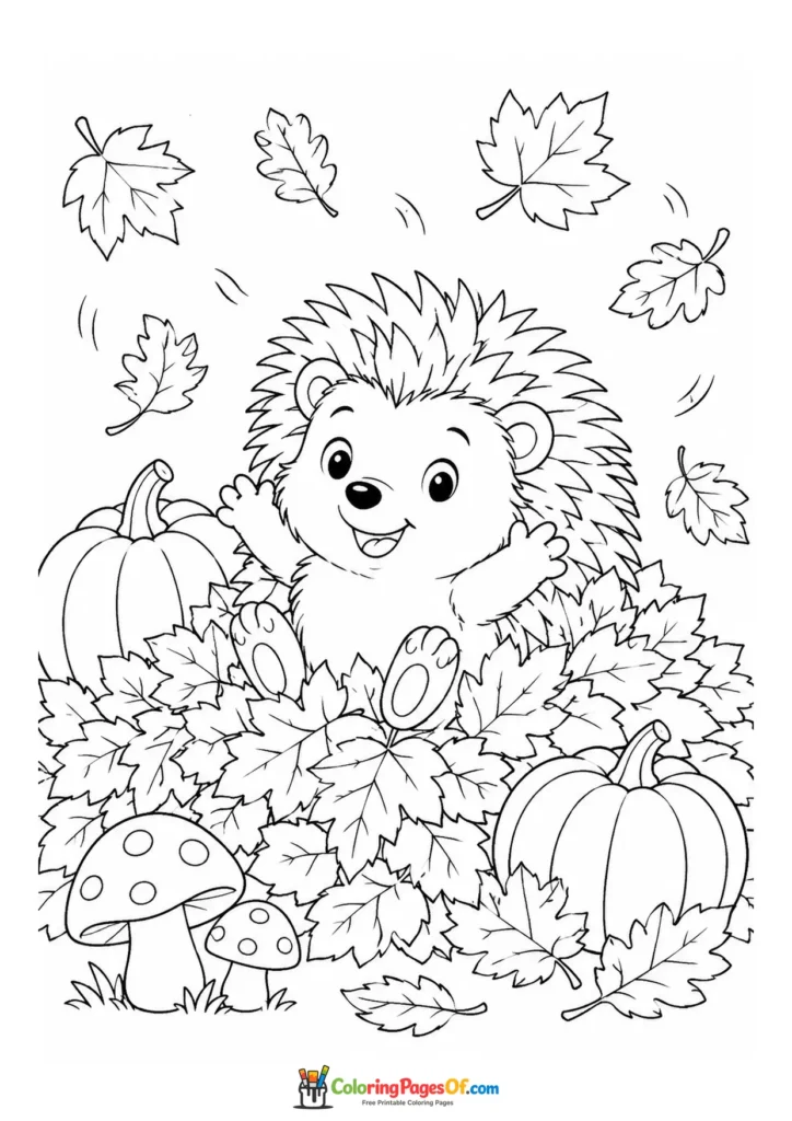 Fall coloring page featuring hedgehog, leaf pile and pumpkins