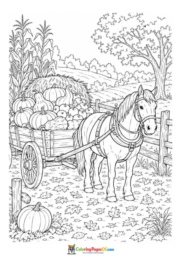 Fall coloring page featuring horse and harvest wagon