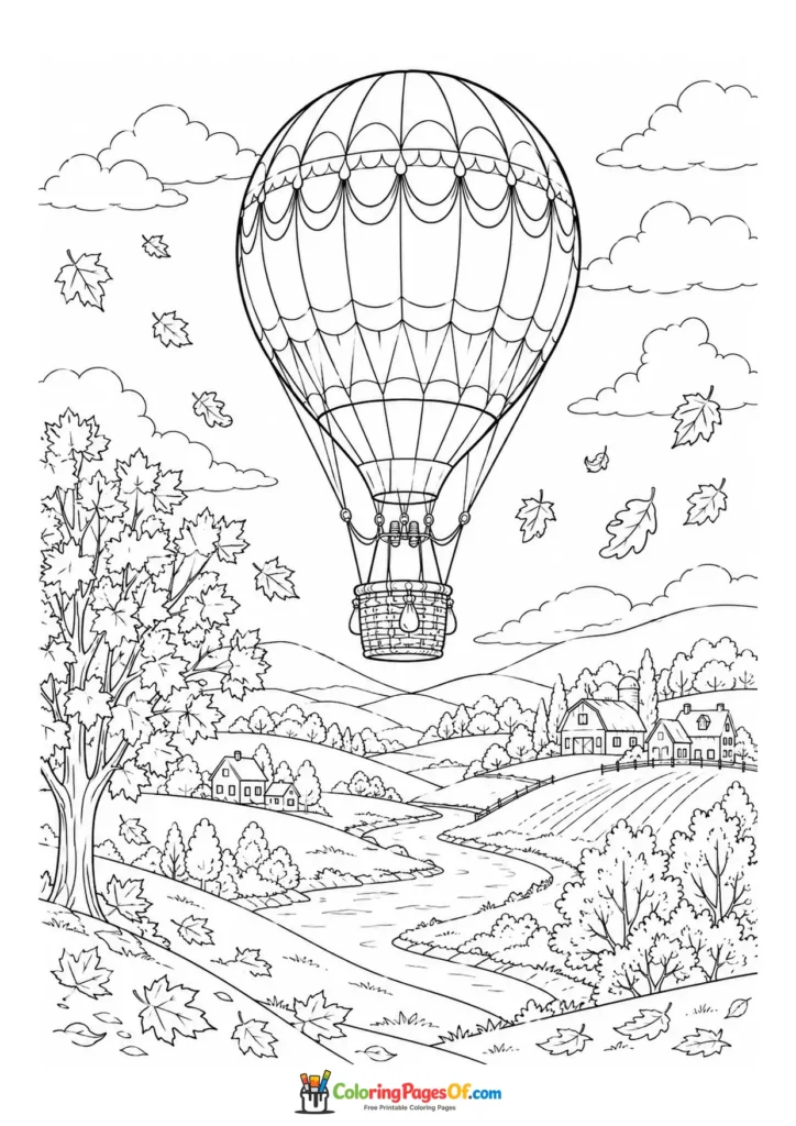 Fall coloring page featuring hot air balloon over an autumn landscape