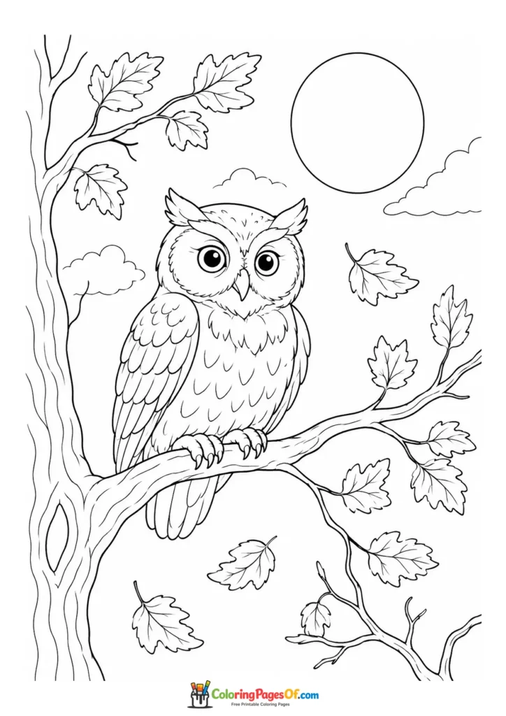 Fall coloring page featuring owl in autumn moonlight