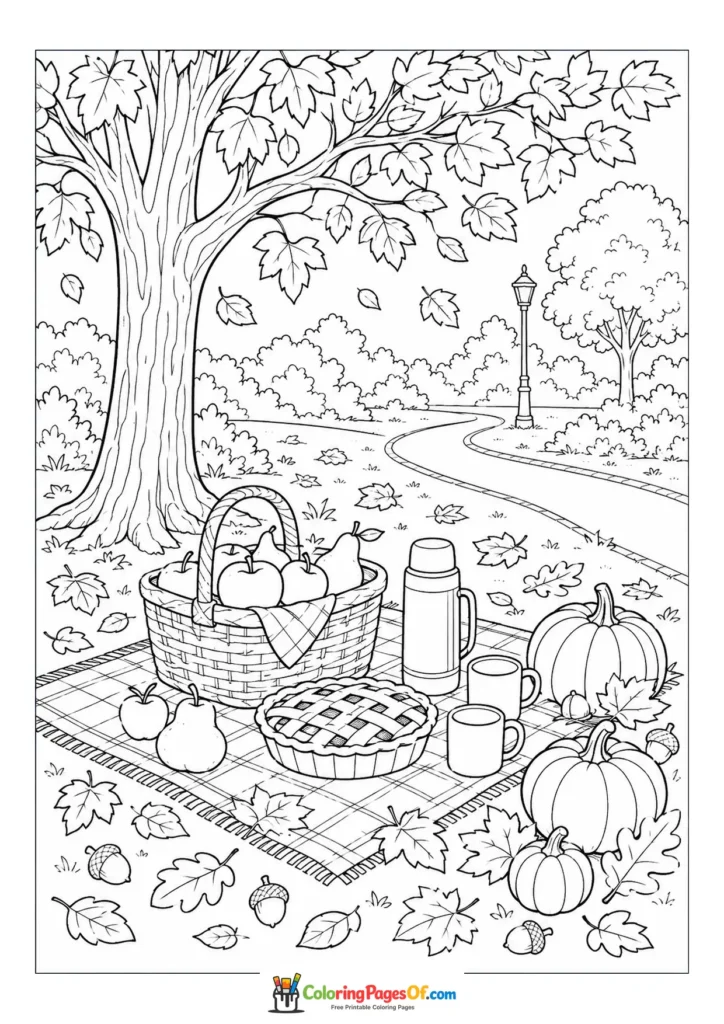 Fall coloring page featuring autumn picnic in a park