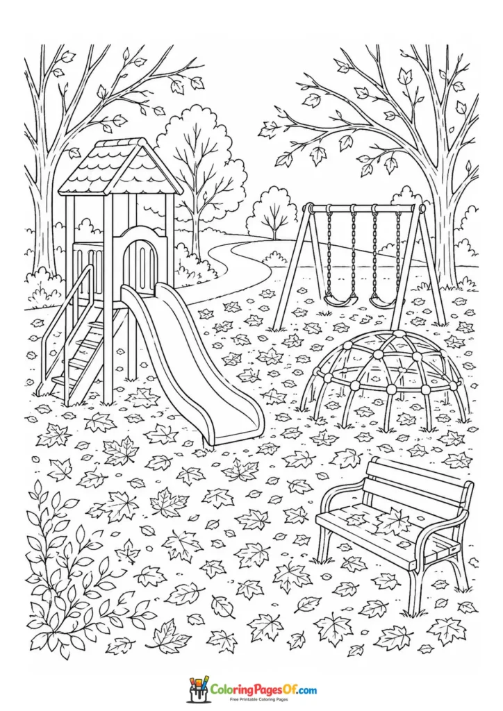 Fall coloring page featuring autumn playground