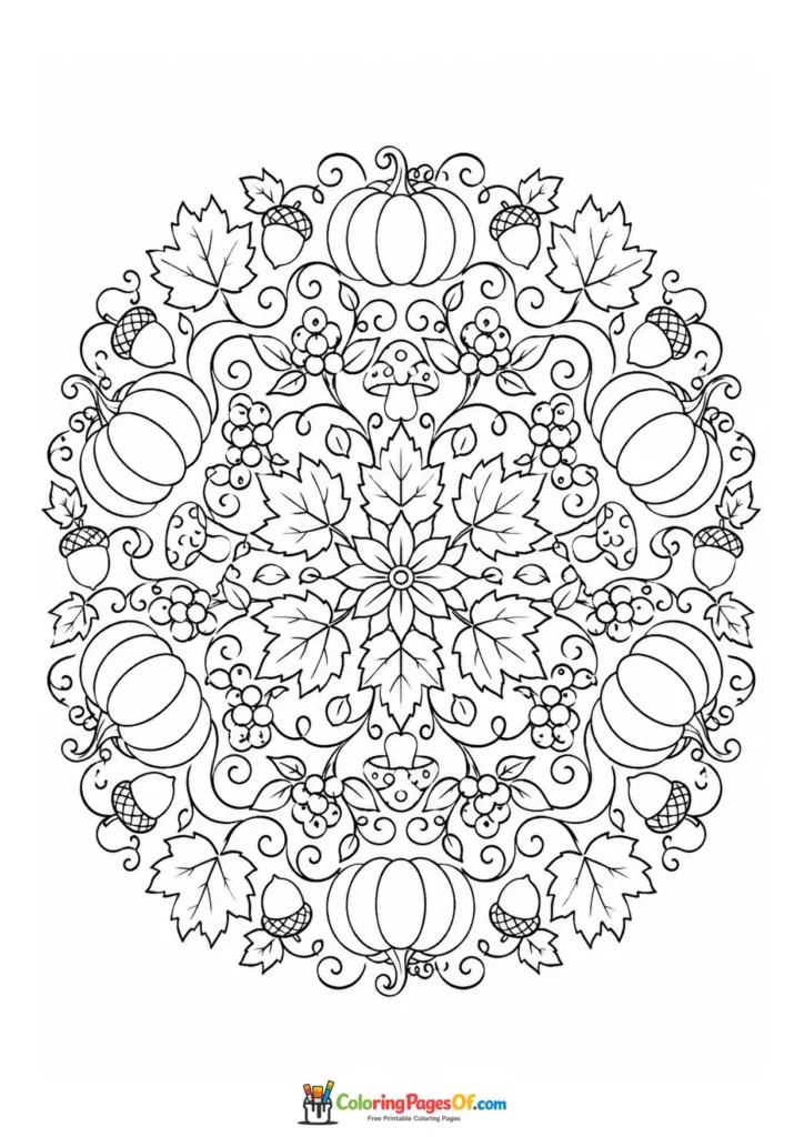 Fall coloring page featuring pumpkin mandala