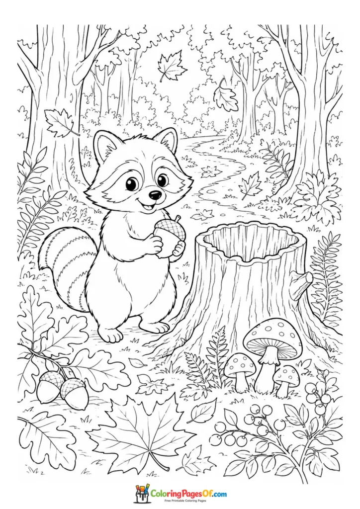 Fall coloring page featuring raccoon in an autumn forest