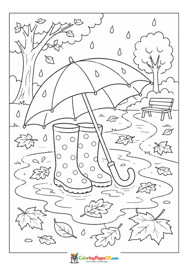 Fall coloring page featuring rain boots and umbrella