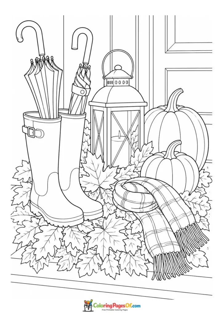 Fall coloring page featuring rain boots, umbrella and pumpkins