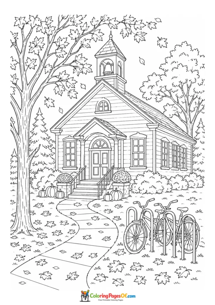 Fall coloring page featuring autumn schoolyard