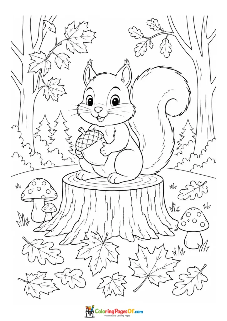 Fall coloring page featuring squirrel on a tree stump