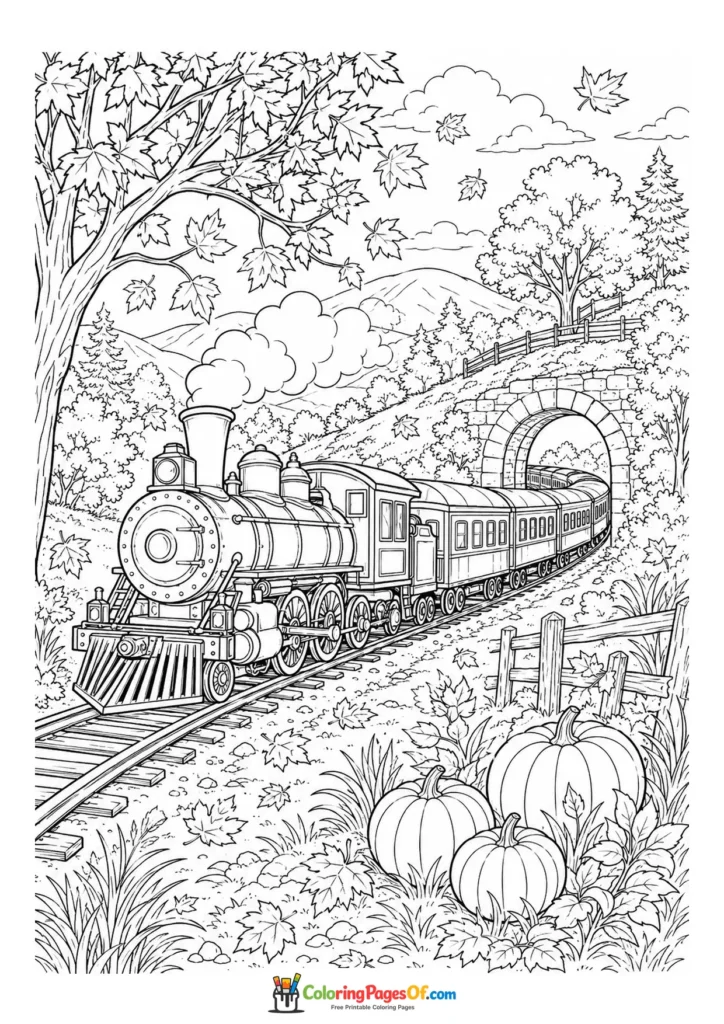 Fall coloring page featuring steam train in an autumn landscape