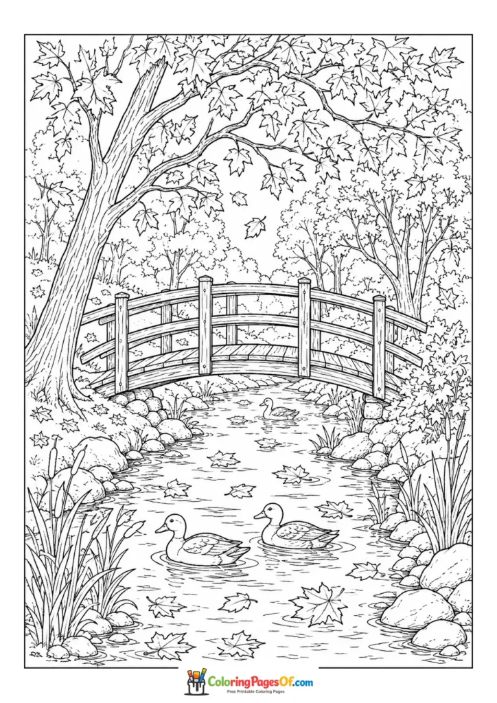 Fall coloring page featuring wooden bridge over a creek