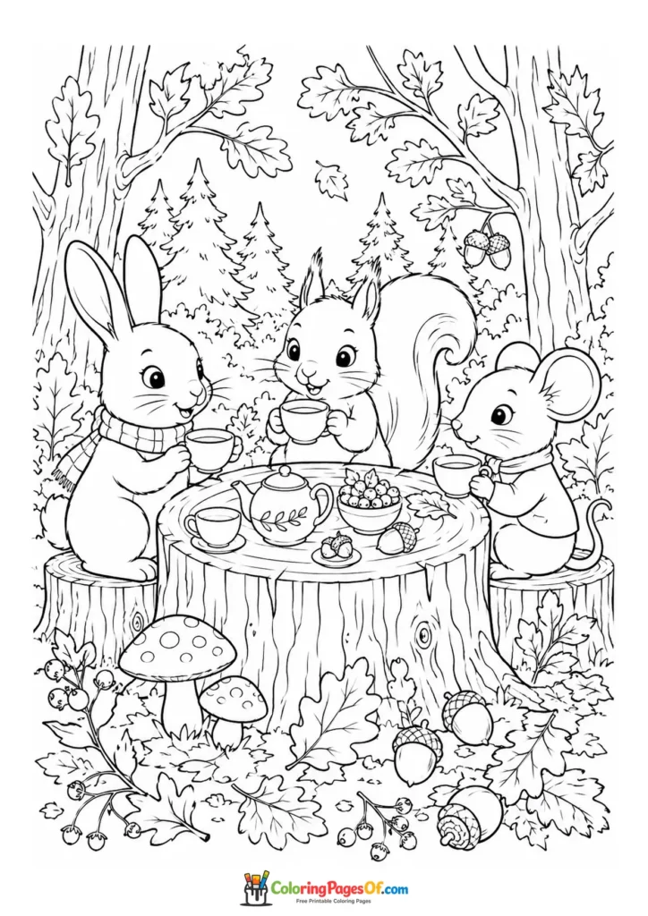 Fall coloring page featuring woodland animals at a tea party