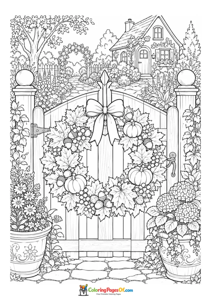 Fall coloring page featuring autumn wreath on a garden gate