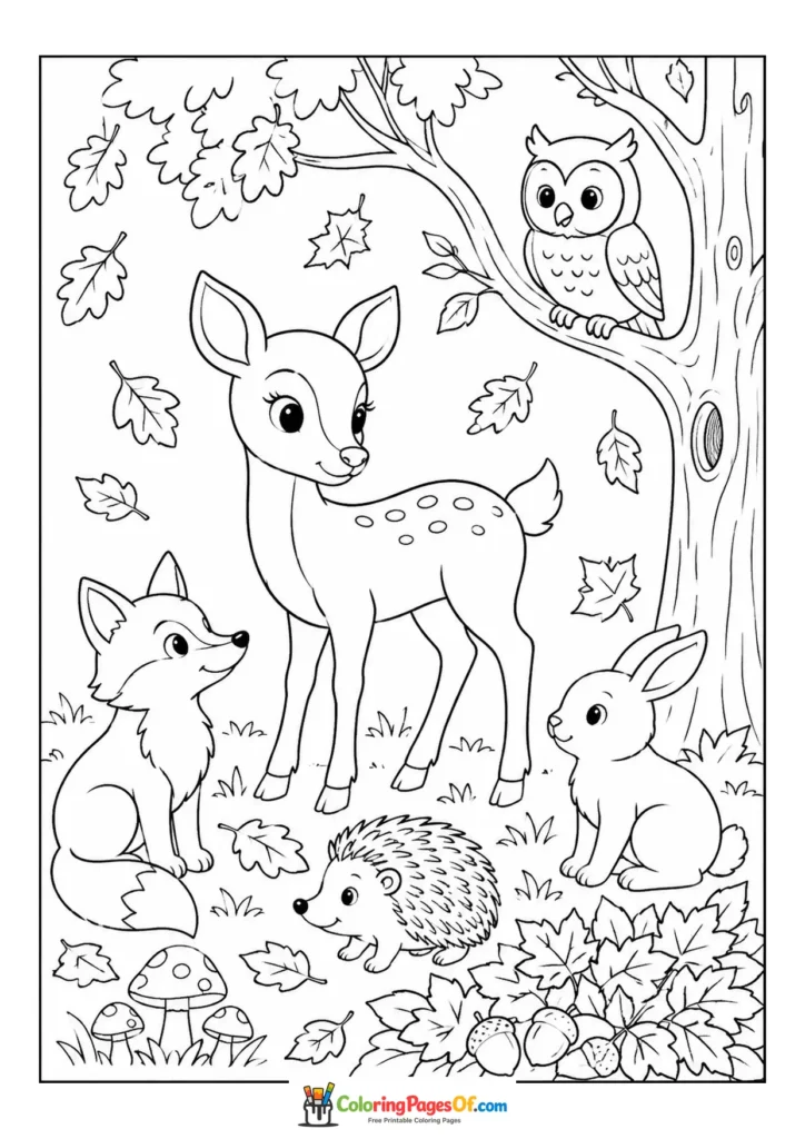 Fall coloring page featuring forest animals in autumn