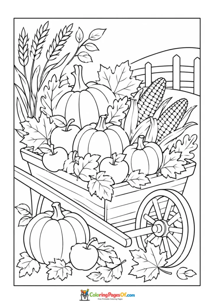 Fall coloring page featuring autumn harvest cart