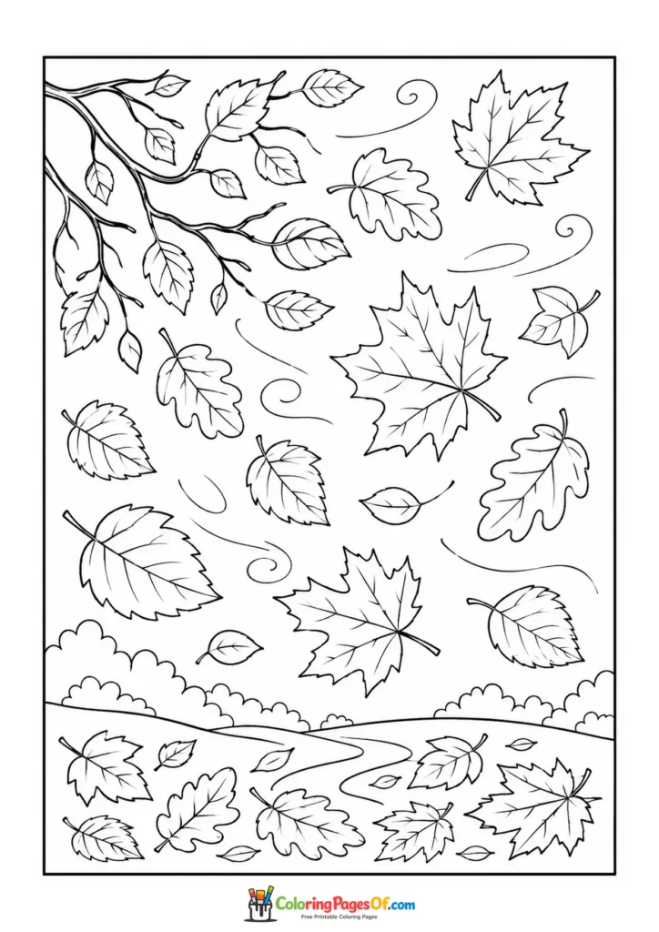 Fall coloring page featuring autumn leaves blowing in the wind
