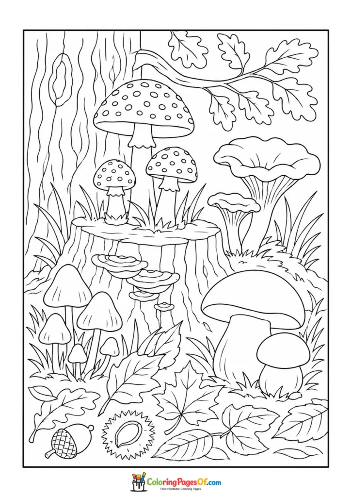 Fall coloring page featuring mushrooms on an autumn forest floor