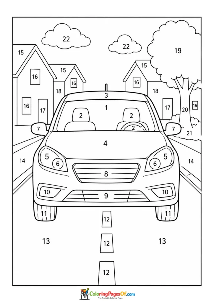 Family Sedan Front View on City Street color by number coloring page