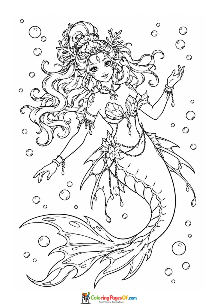 Fantasy Mermaid Surrounded by Bubbles coloring page