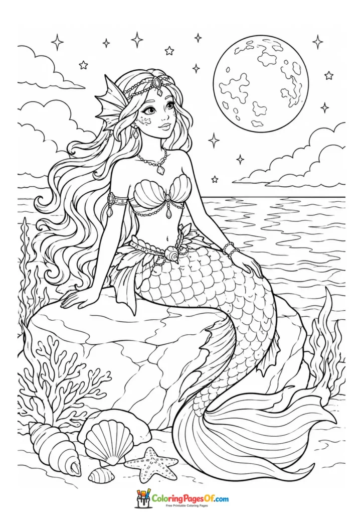 Fantasy Mermaid Under the Moonlight coloring page
