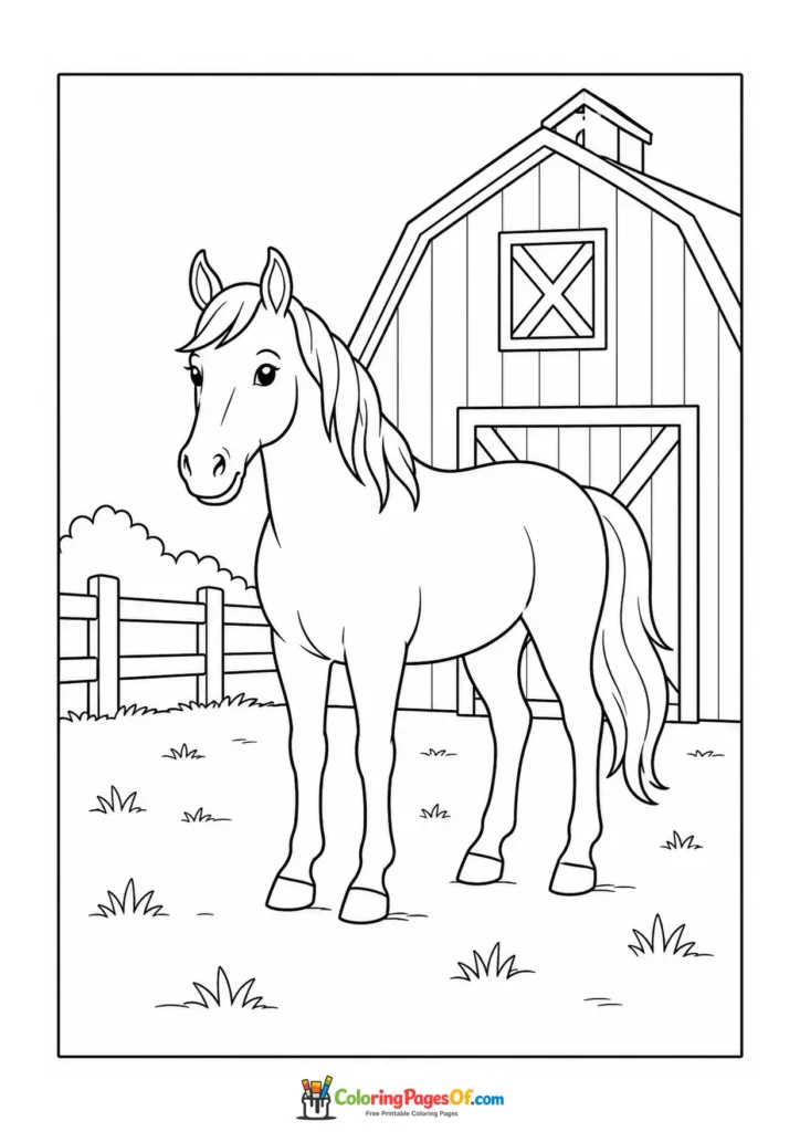 Farm horse by a barn coloring page