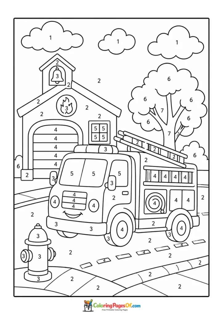 Fire Truck by Fire Station color by number coloring page
