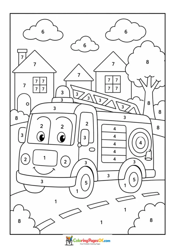 Fire Truck on Neighborhood Street color by number coloring page