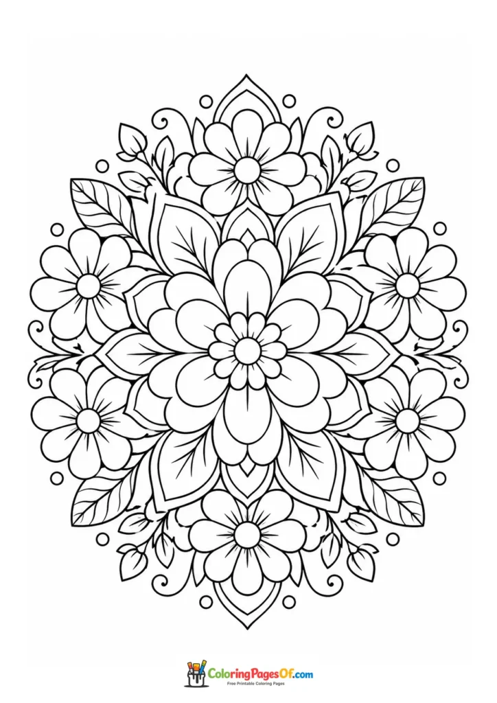 Symmetrical floral mandala made of layered flowers and leaves coloring page
