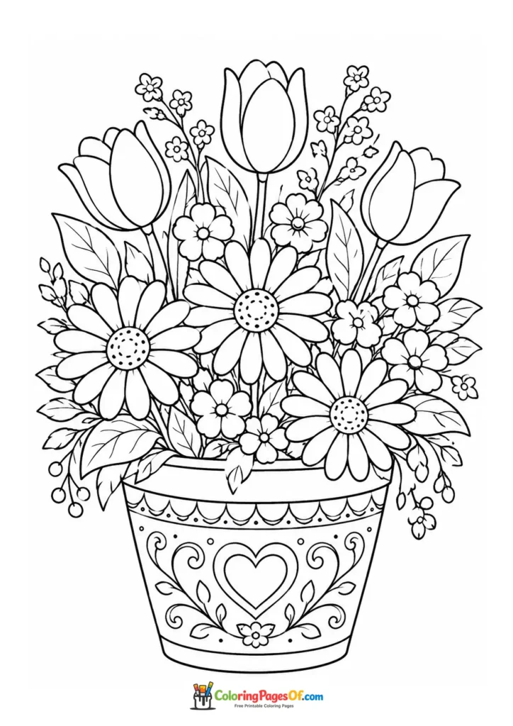 Mixed flower bouquet arranged in a decorative flower pot coloring page