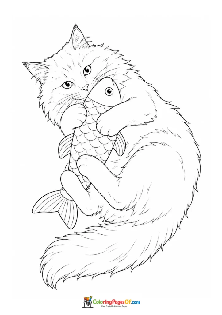 Fluffy cat carrying a fish – printable black and white coloring page