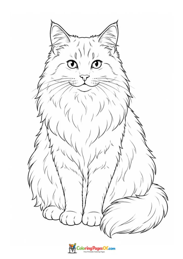 Fluffy cat sitting upright – printable black and white coloring page