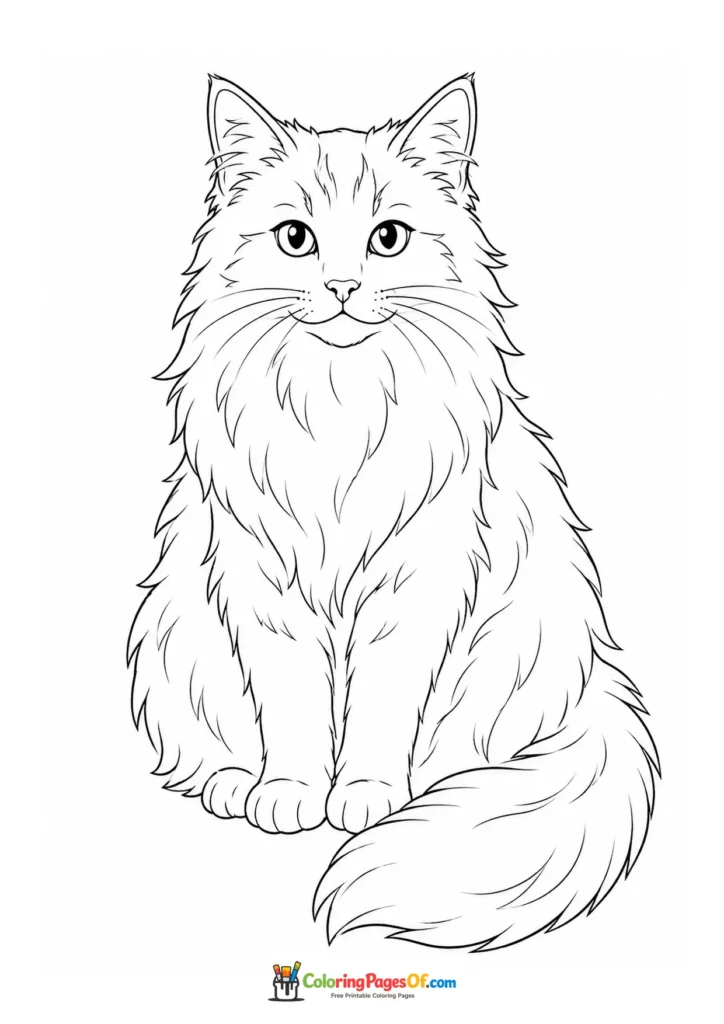 Fluffy sitting cat – printable black and white coloring page