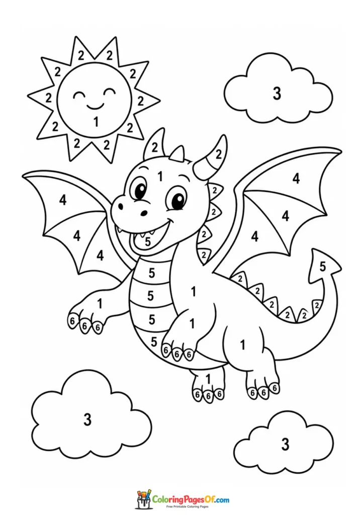 Flying Dragon Color by Number with clear numbered coloring areas for kids