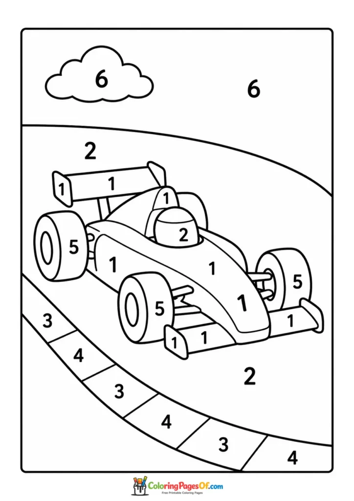 Formula race car color by number coloring page