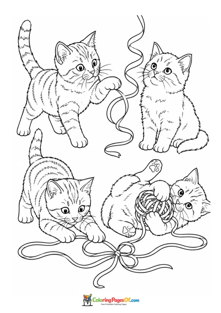 Four kittens playing with strings – printable black and white coloring page