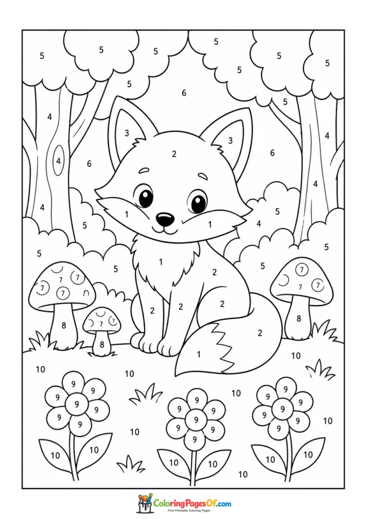 Fox in Mushroom Forest color by number coloring page