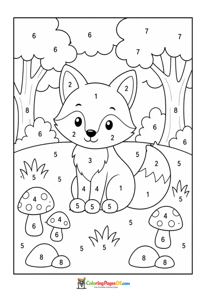 Fox in Woodland with Mushrooms color by number coloring page
