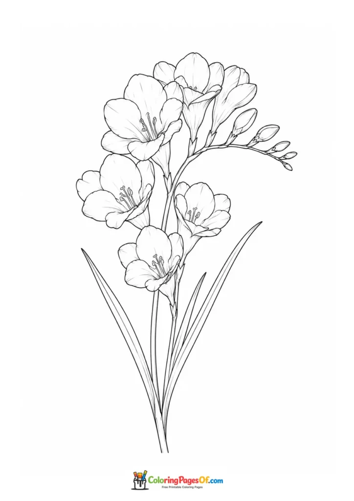 Freesia stem with several open flowers and buds coloring page