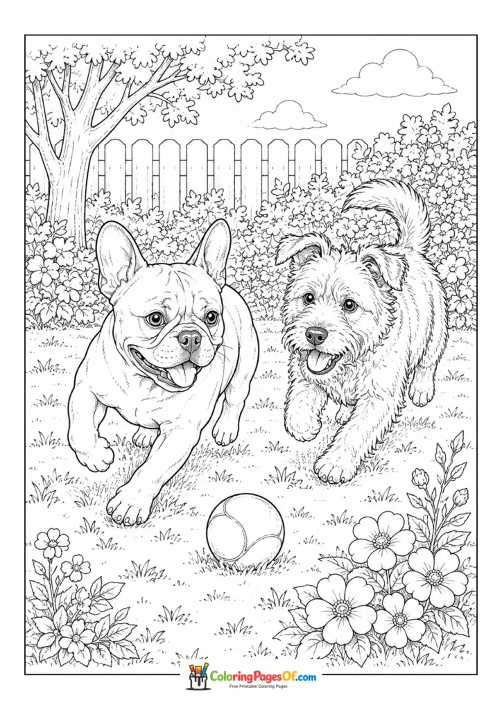 French bulldog and terrier chasing a ball coloring page