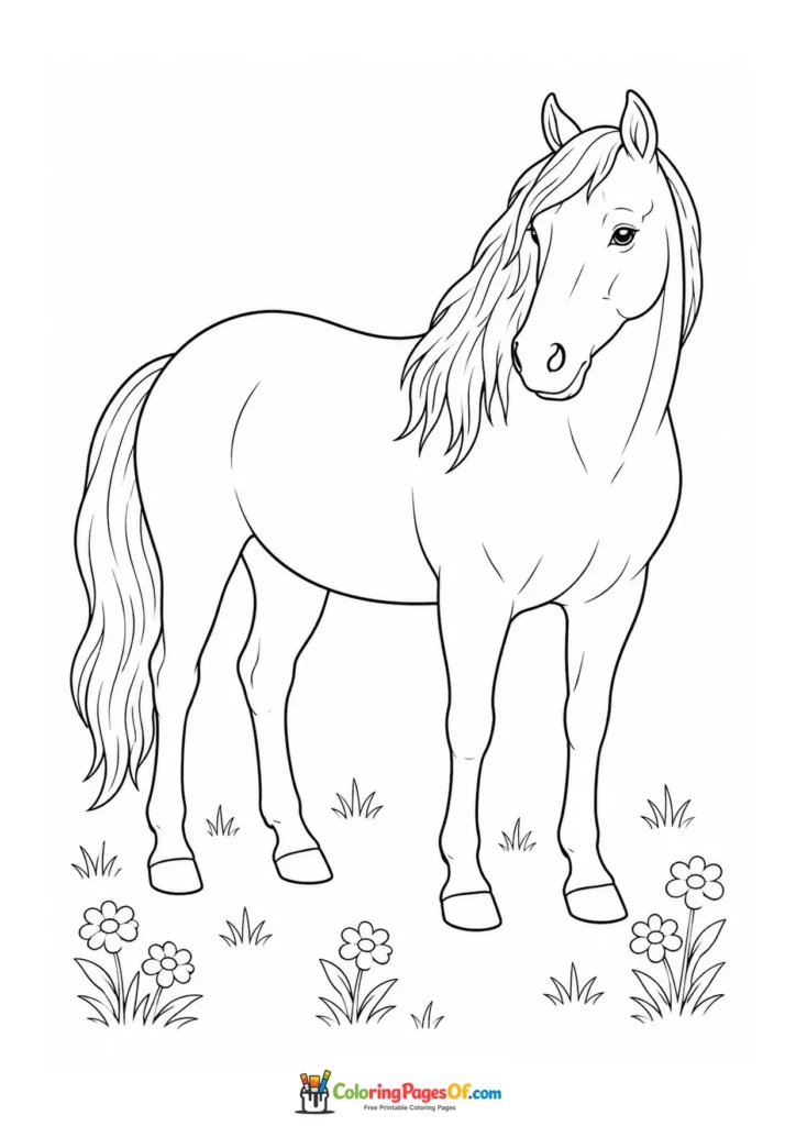 Friendly horse in a flower meadow coloring page