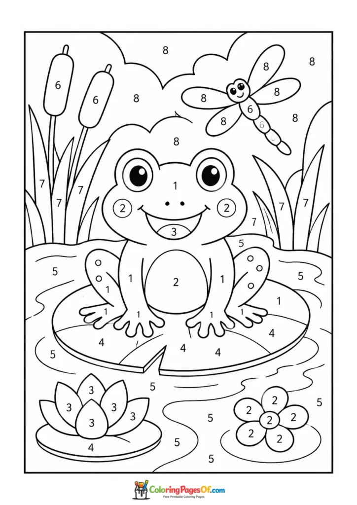 Frog on Lily Pad with Dragonfly color by number coloring page